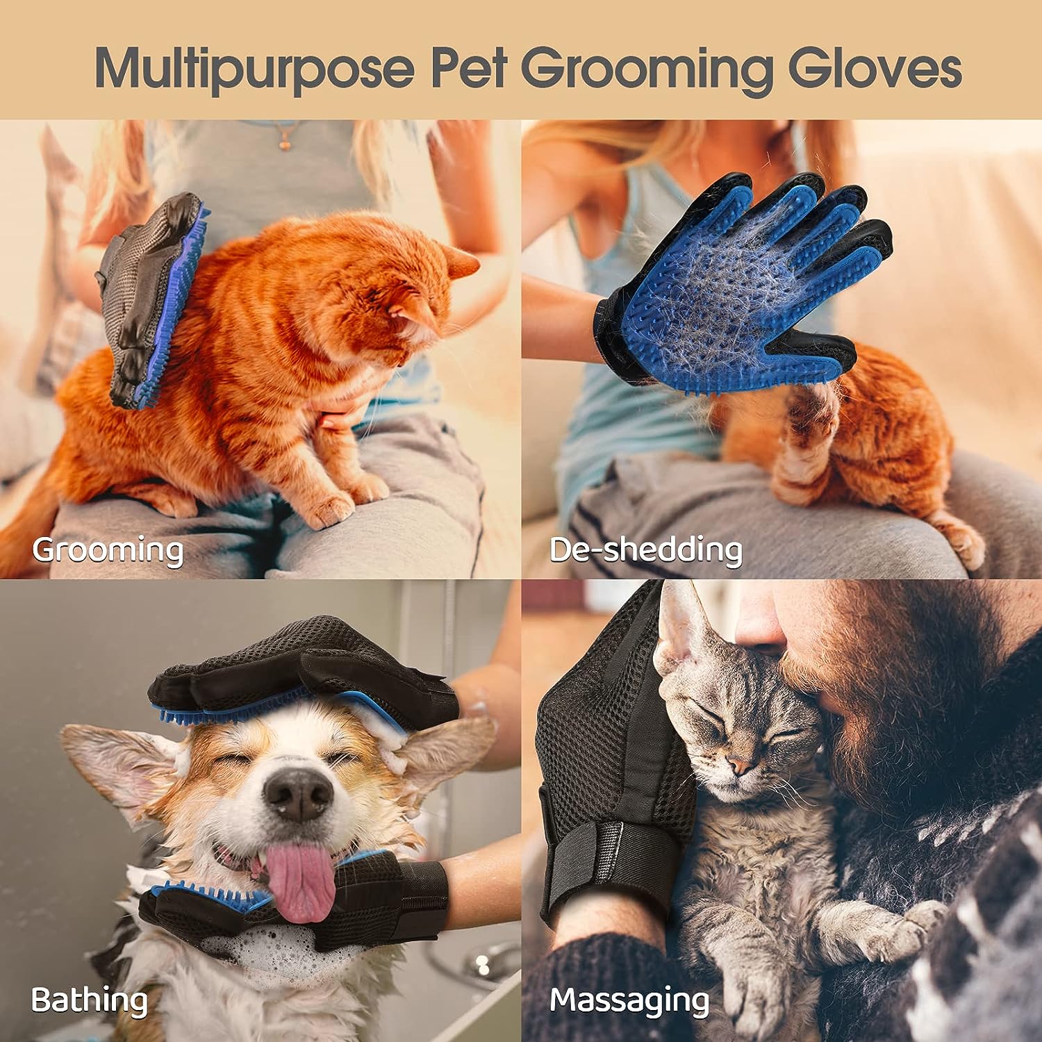 Upgrade Pet Grooming Gloves Cat Brushes For Gentle Shedding Efficient Pets Hair Remover Mittens Dog Washing Gloves For Long And Short Hair Dogs Cats Horse
