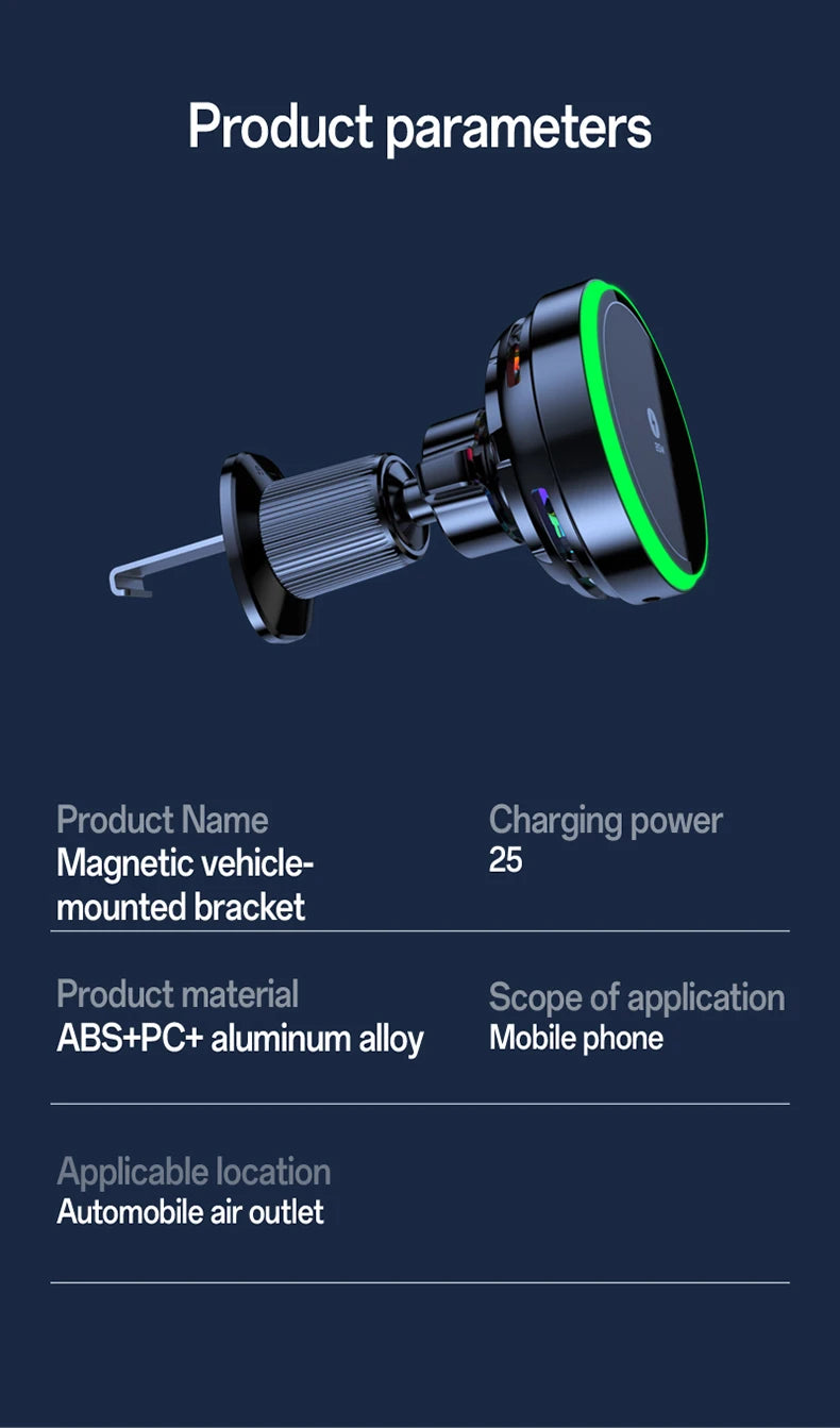 Qi2.2 25W Air-Cooling Car Magnetic Wireless Charger LED Light Phone Stand For Magsafe iPhone 17~12 Pro Max Fast Charging Station