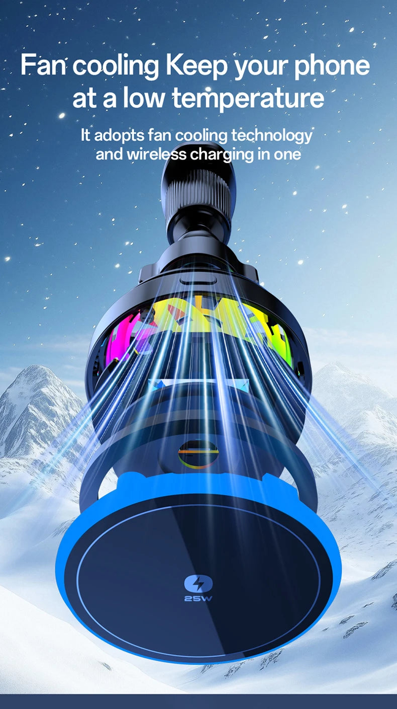 Qi2.2 25W Air-Cooling Car Magnetic Wireless Charger LED Light Phone Stand For Magsafe iPhone 17~12 Pro Max Fast Charging Station