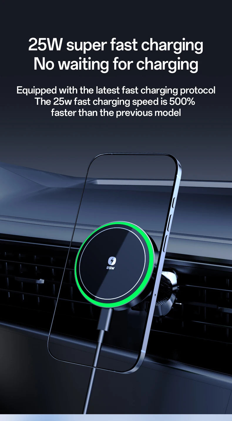 Qi2.2 25W Air-Cooling Car Magnetic Wireless Charger LED Light Phone Stand For Magsafe iPhone 17~12 Pro Max Fast Charging Station