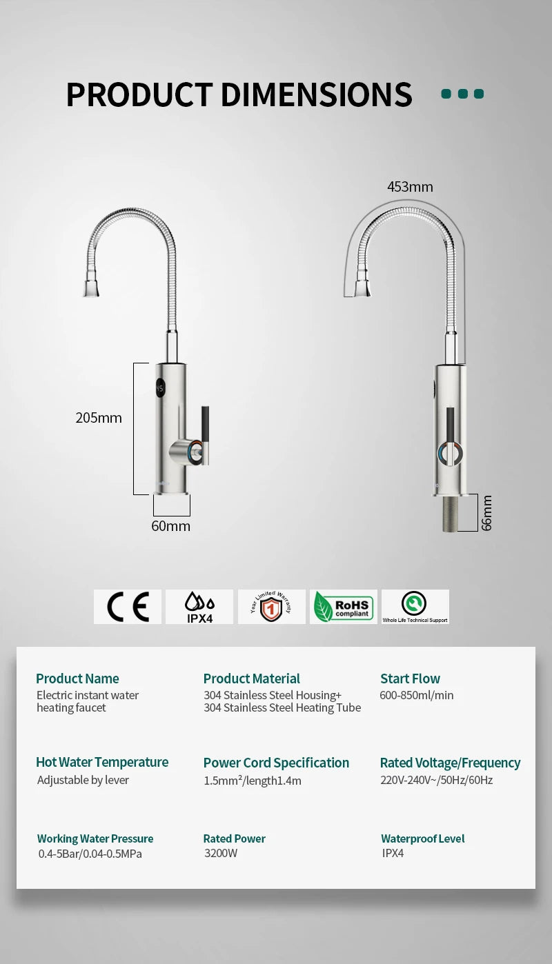 Briwellna Electric Water Heater Flowing Universal Spout Kitchen Faucet 2 in 1 Stainless Steel Electric Faucet 220V Heating Tap