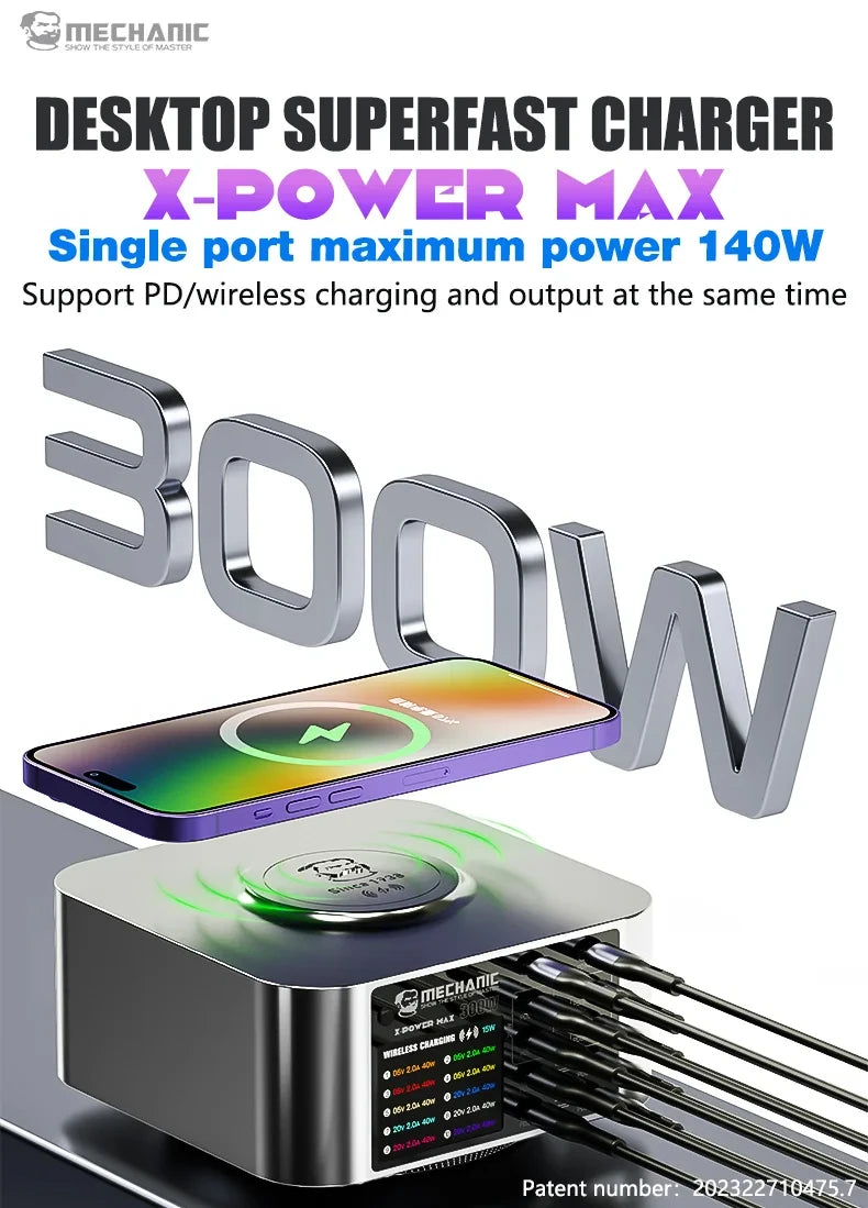 MECHANIC X-Power Max USB Smart Charger 300W 10-Port LED Display Quick Charge QC 3.0 Wireless Charge For Phone Charging Station