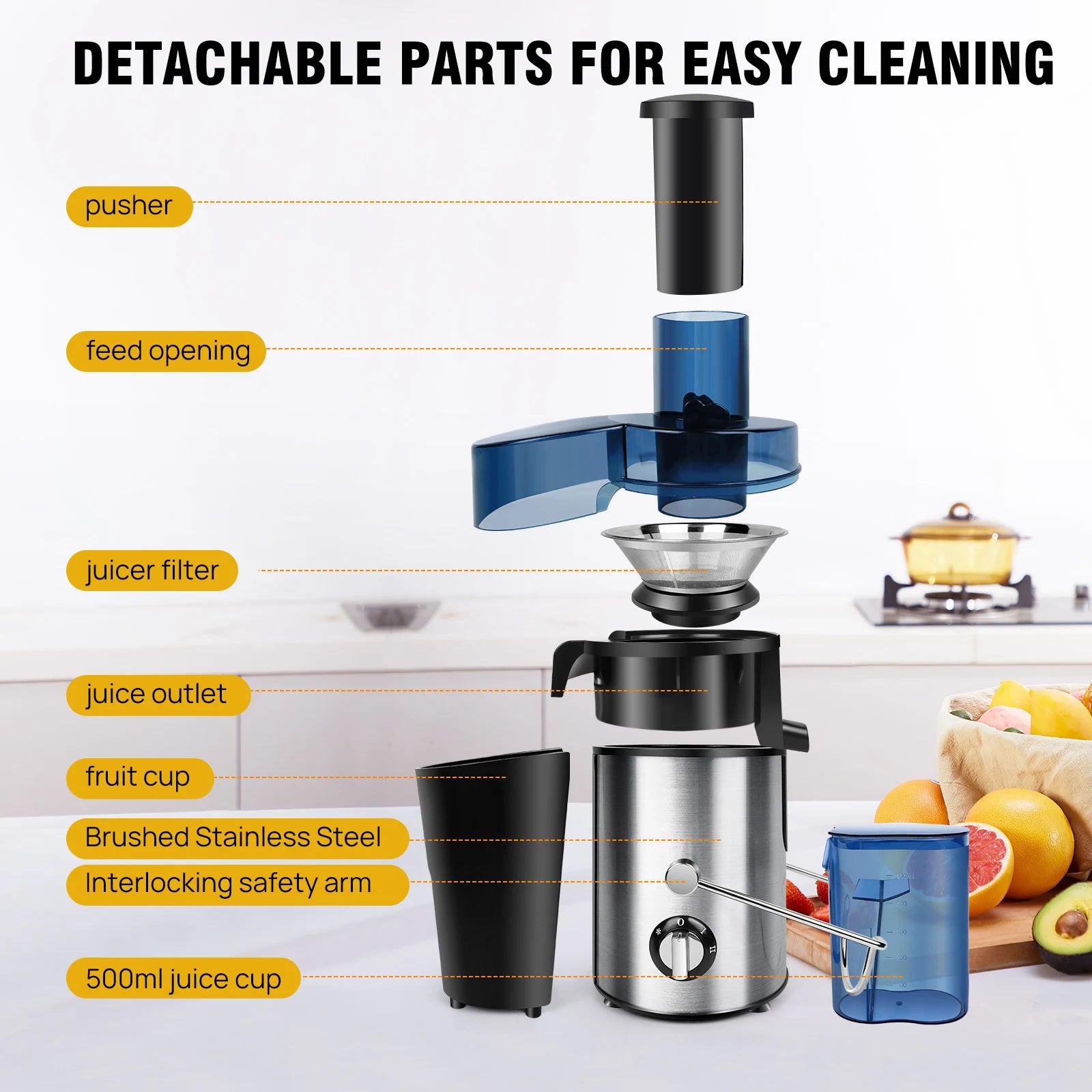 BRIEFNESS 400W Juicer ,2 Speed Electric Juicer Machines ,500ml Capacity, 65mm Wide Mouth Feed Chute for Fruit and Vegetables