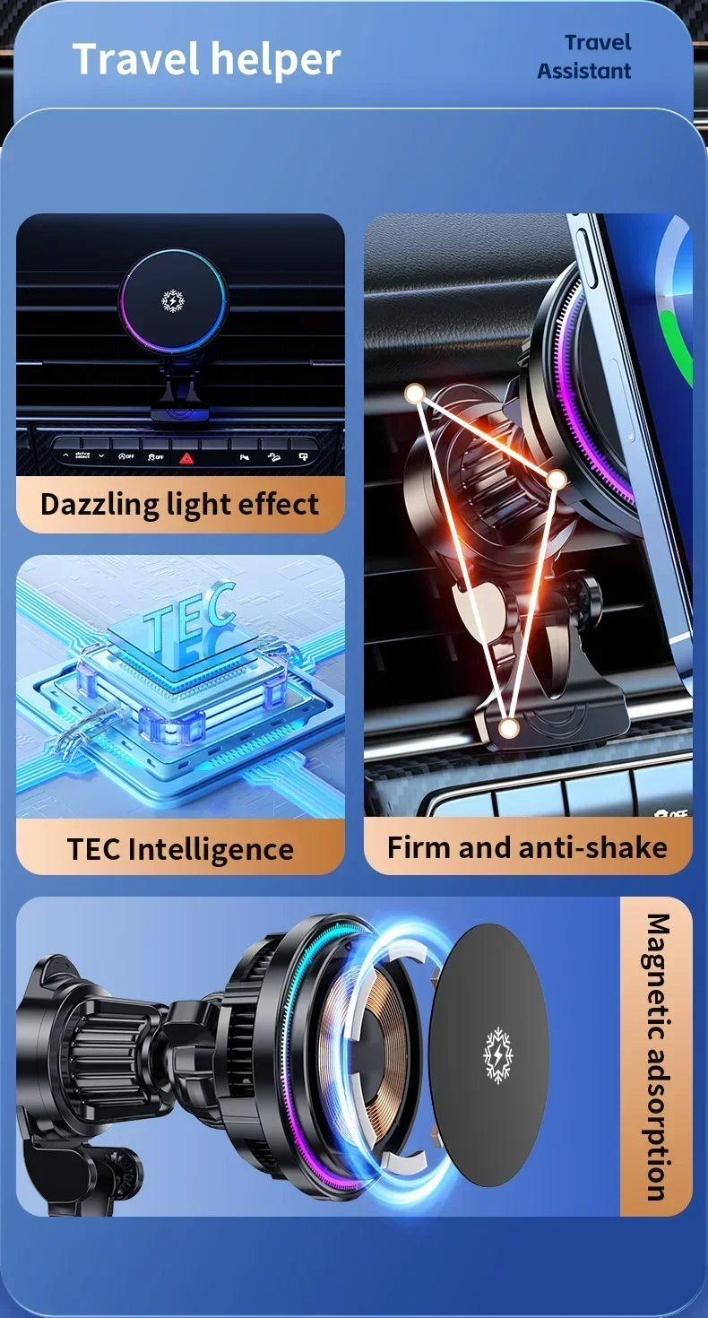 Car Phone Holder Stand Fast Charging Station Magnetic Ice Cooling Car Wireless Charger Dock for iPhone 17 16 15 14 13 Pro Max