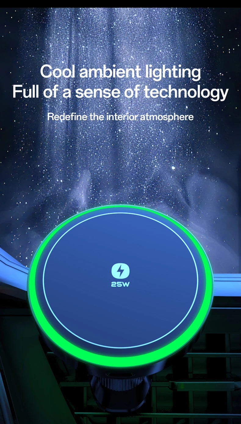 Qi2.2 25W Air-Cooling Car Magnetic Wireless Charger LED Light Phone Stand For Magsafe iPhone 17~12 Pro Max Fast Charging Station