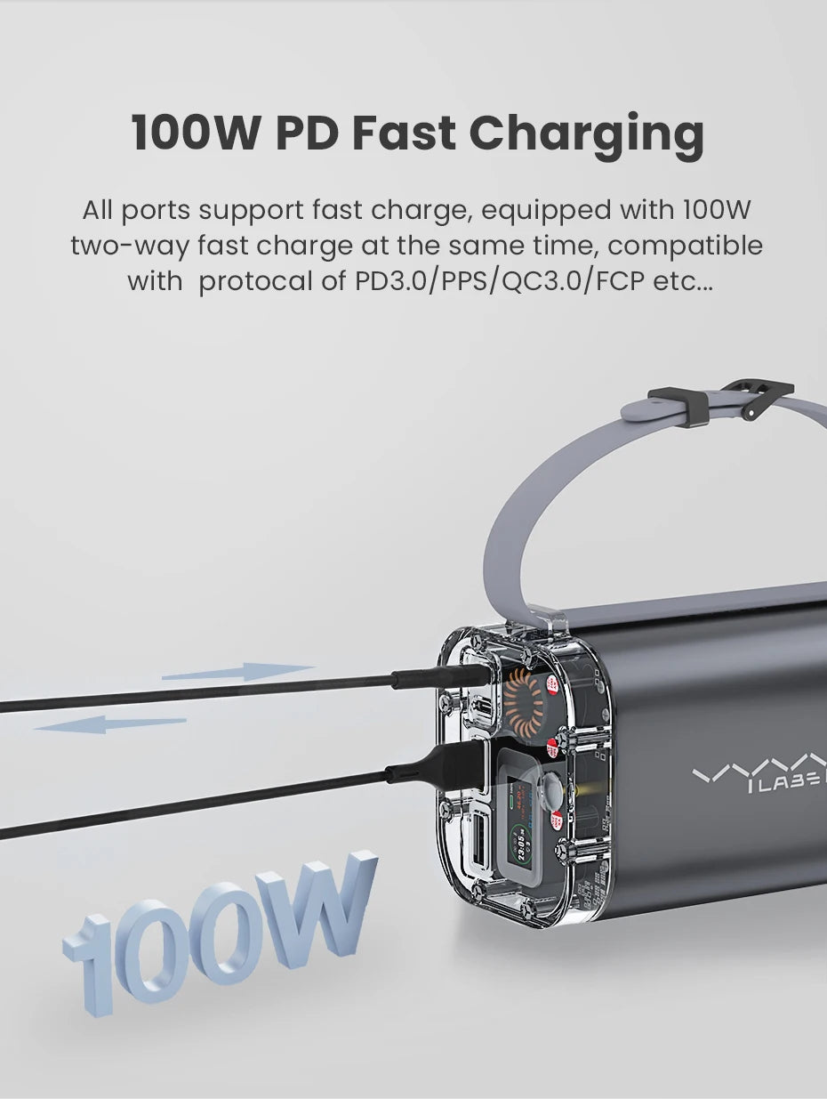 Vyvylabs 40000mAh100W Power Bank Fast Charging Battery High Capacity Waterproof Powerbank Charger Outdoor Light Powerbank