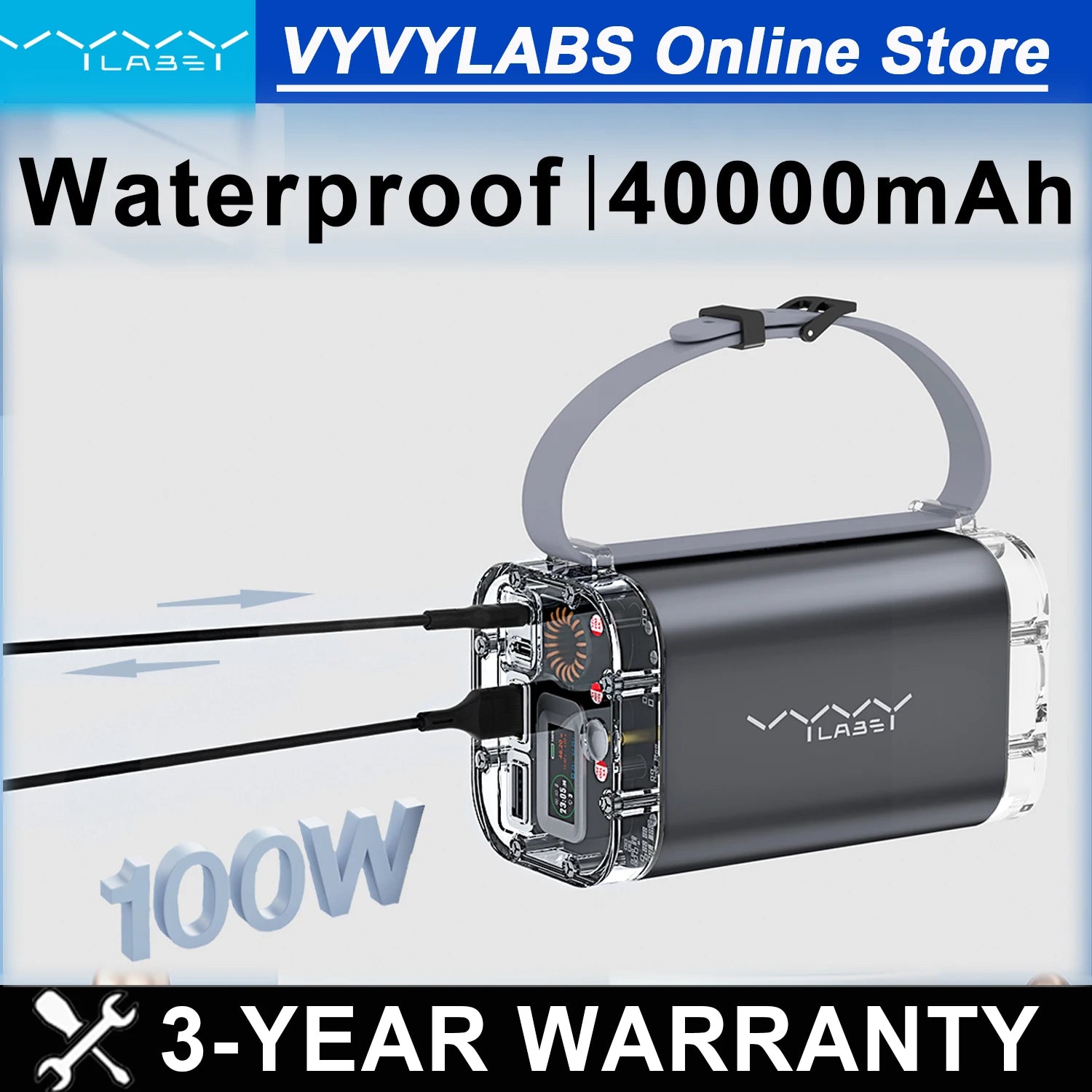 Vyvylabs 40000mAh100W Power Bank Fast Charging Battery High Capacity Waterproof Powerbank Charger Outdoor Light Powerbank