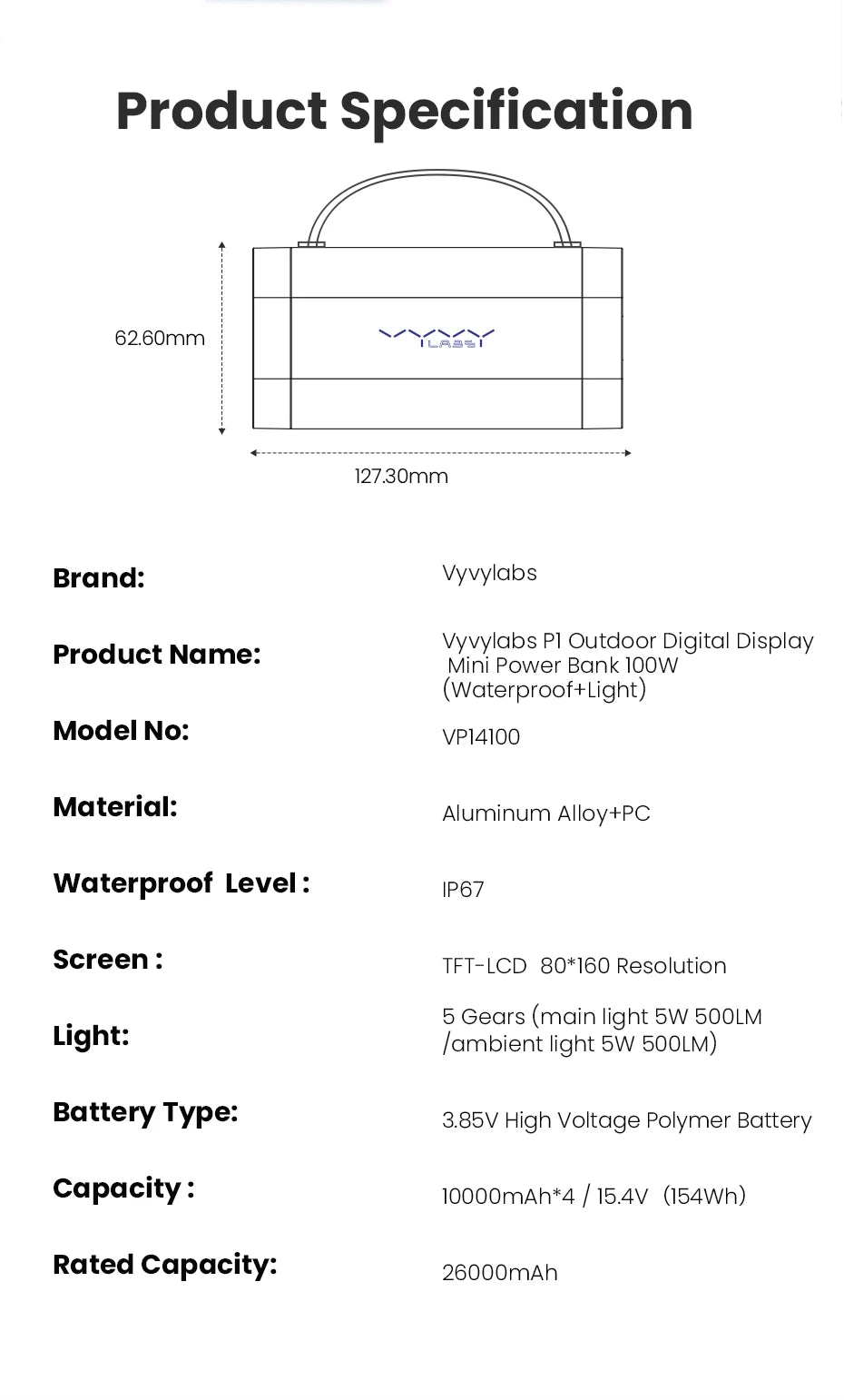 Vyvylabs 40000mAh100W Power Bank Fast Charging Battery High Capacity Waterproof Powerbank Charger Outdoor Light Powerbank