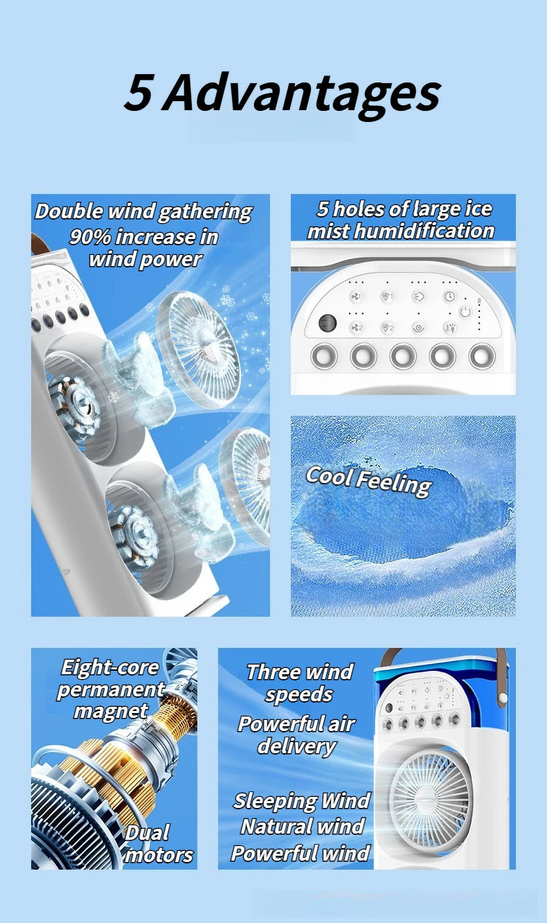 2025 5-Port Mist Fan - Desk Fan with Oscillation, Cooling, Aromatherapy, Colorful LED Lights, and Timer