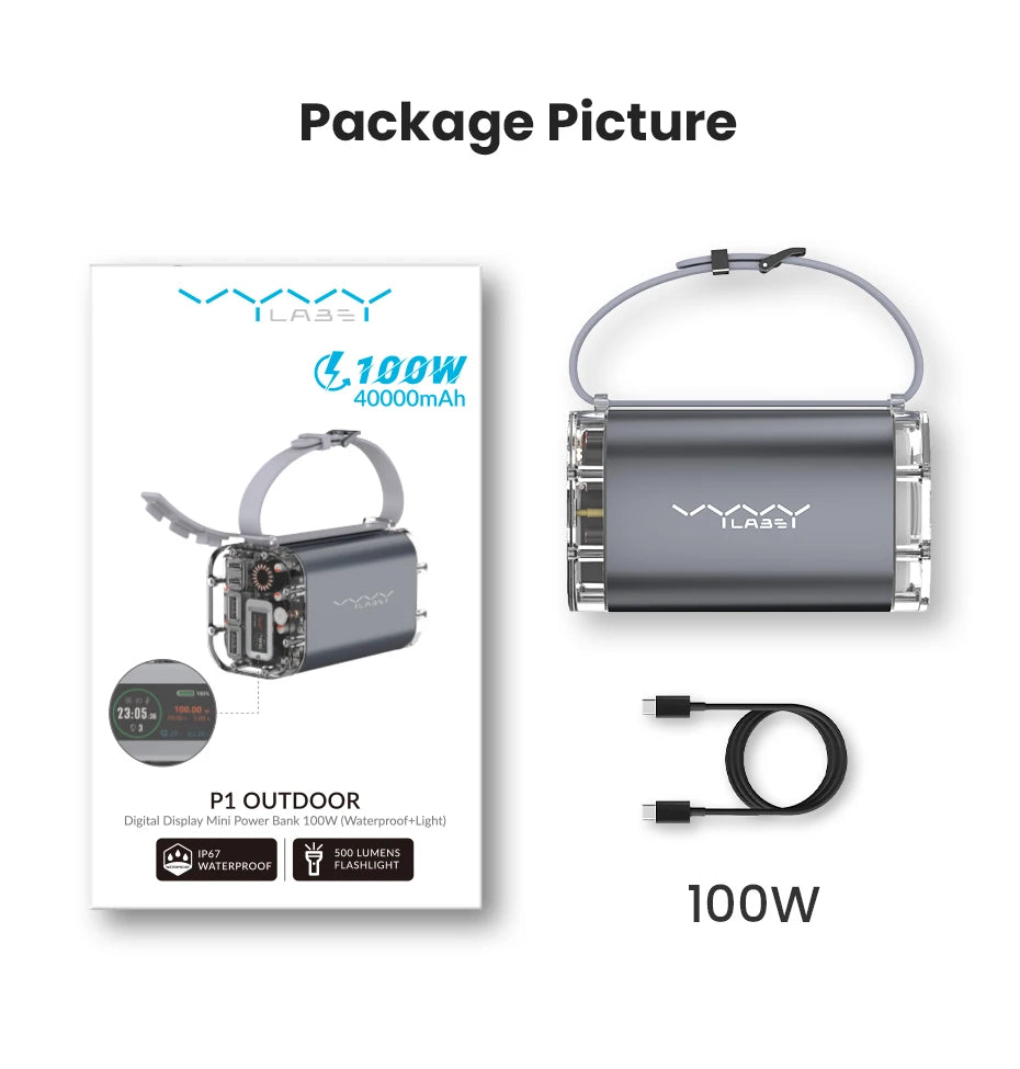 Vyvylabs 40000mAh100W Power Bank Fast Charging Battery High Capacity Waterproof Powerbank Charger Outdoor Light Powerbank