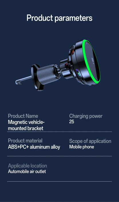 Qi2.2 25W Air-Cooling Car Magnetic Wireless Charger LED Light Phone Stand For Magsafe iPhone 17~12 Pro Max Fast Charging Station