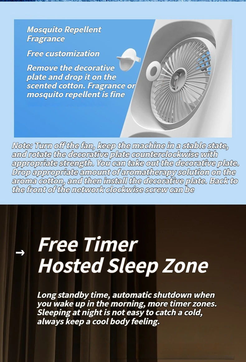 2025 5-Port Mist Fan - Desk Fan with Oscillation, Cooling, Aromatherapy, Colorful LED Lights, and Timer
