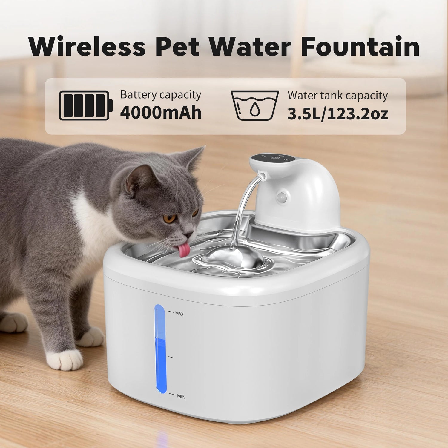 3.5L Wireless Pet Water Dispenser Cat Water Fountain With Stainless Steel Pallet 4000mAh Battery Motion-Sensing Water Dispensing