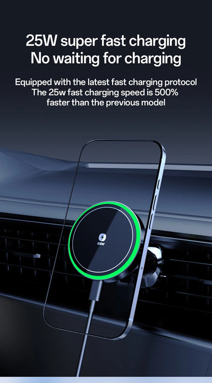Qi2.2 25W Air-Cooling Car Magnetic Wireless Charger LED Light Phone Stand For Magsafe iPhone 17~12 Pro Max Fast Charging Station