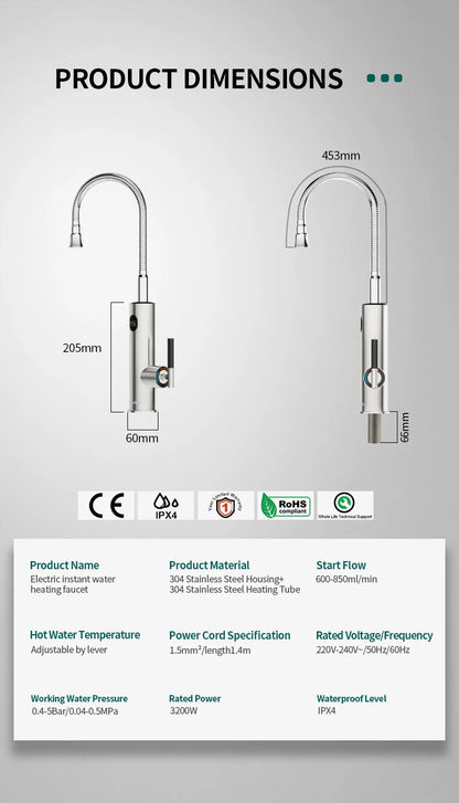 Briwellna Electric Water Heater Flowing Universal Spout Kitchen Faucet 2 in 1 Stainless Steel Electric Faucet 220V Heating Tap