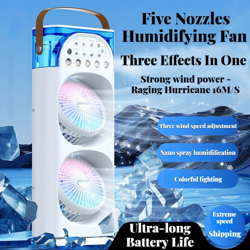 2025 5-Port Mist Fan - Desk Fan with Oscillation, Cooling, Aromatherapy, Colorful LED Lights, and Timer