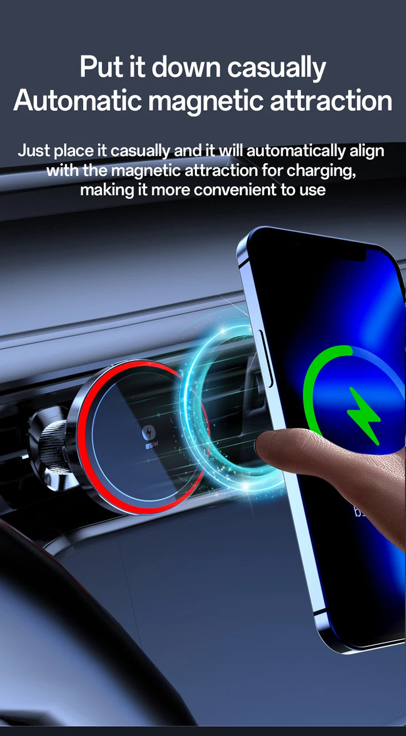 Qi2.2 25W Air-Cooling Car Magnetic Wireless Charger LED Light Phone Stand For Magsafe iPhone 17~12 Pro Max Fast Charging Station