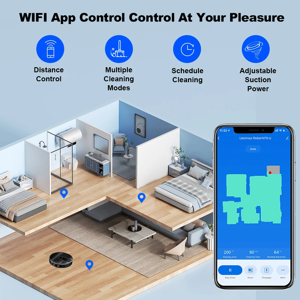   (promo code:   AEEU55 )Robot Vacuum Cleaner And Wet Mop 2-in-1 LIECTROUX N7S-U,Smart Mapping,WiFi App,4000Pa,BLDC Motor,Ideal for Pet Hair,Carpet,Floor