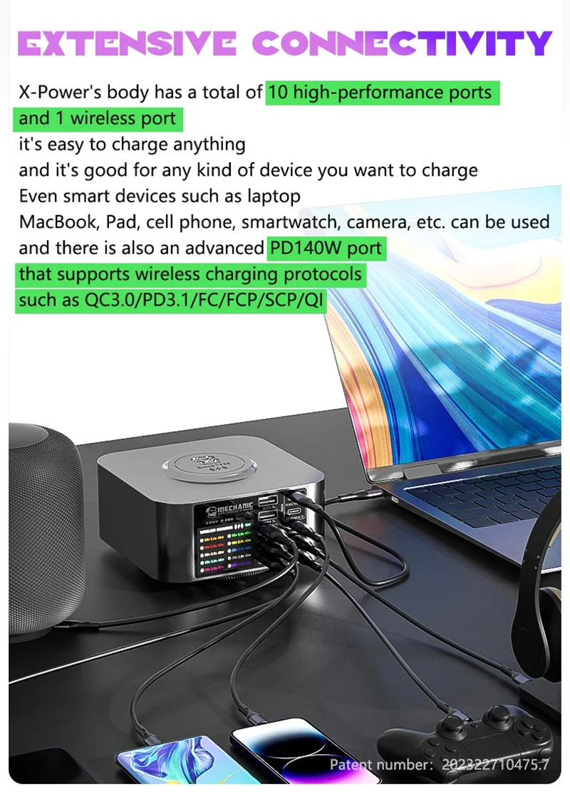 MECHANIC X-Power Max USB Smart Charger 300W 10-Port LED Display Quick Charge QC 3.0 Wireless Charge For Phone Charging Station
