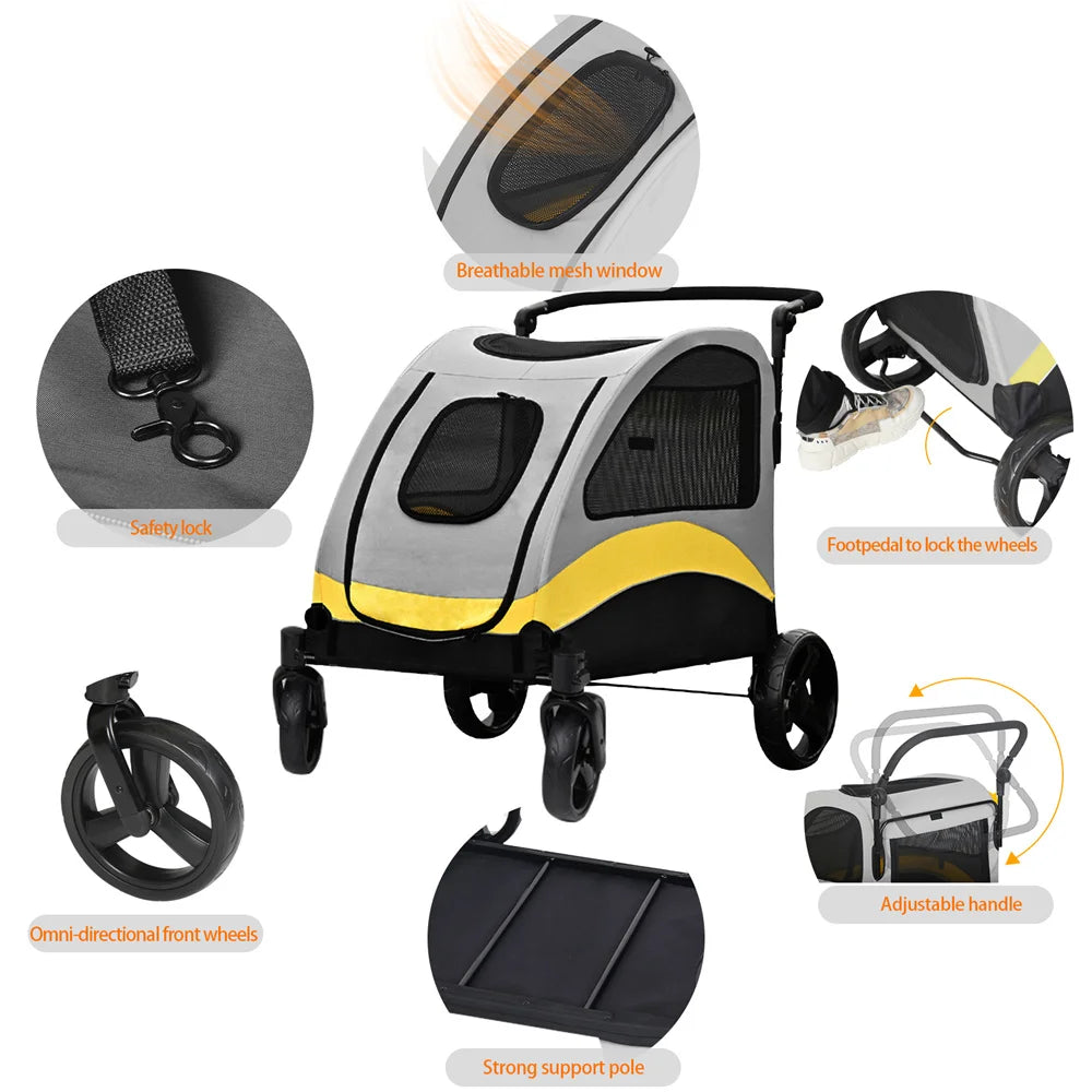 Premium Dog Stroller Pram 4 Wheel Foldable Cart Travel Walk Pet Jogger Wagon for Small Medium Large Dogs