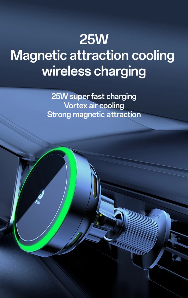 Qi2.2 25W Air-Cooling Car Magnetic Wireless Charger LED Light Phone Stand For Magsafe iPhone 17~12 Pro Max Fast Charging Station
