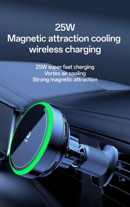Qi2.2 25W Air-Cooling Car Magnetic Wireless Charger LED Light Phone Stand For Magsafe iPhone 17~12 Pro Max Fast Charging Station