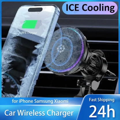 Car Phone Holder Stand Fast Charging Station Magnetic Ice Cooling Car Wireless Charger Dock for iPhone 17 16 15 14 13 Pro Max