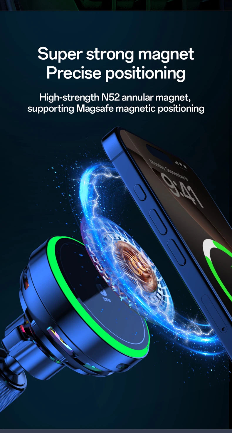 Qi2.2 25W Air-Cooling Car Magnetic Wireless Charger LED Light Phone Stand For Magsafe iPhone 17~12 Pro Max Fast Charging Station