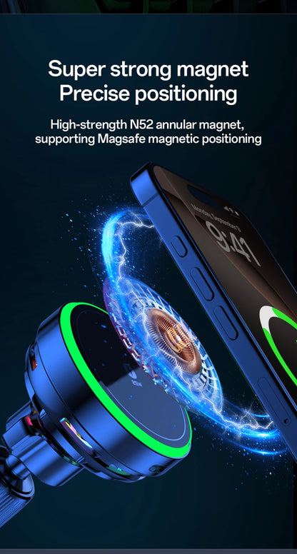 Qi2.2 25W Air-Cooling Car Magnetic Wireless Charger LED Light Phone Stand For Magsafe iPhone 17~12 Pro Max Fast Charging Station