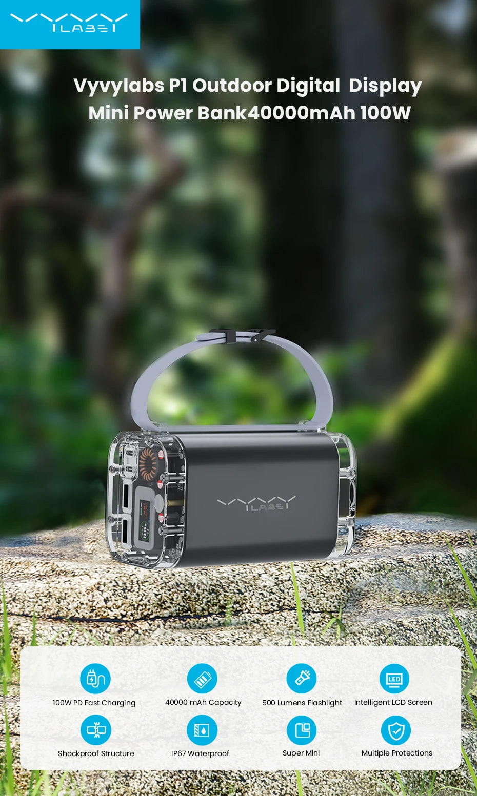 Vyvylabs 40000mAh100W Power Bank Fast Charging Battery High Capacity Waterproof Powerbank Charger  Outdoor Light Powerbank