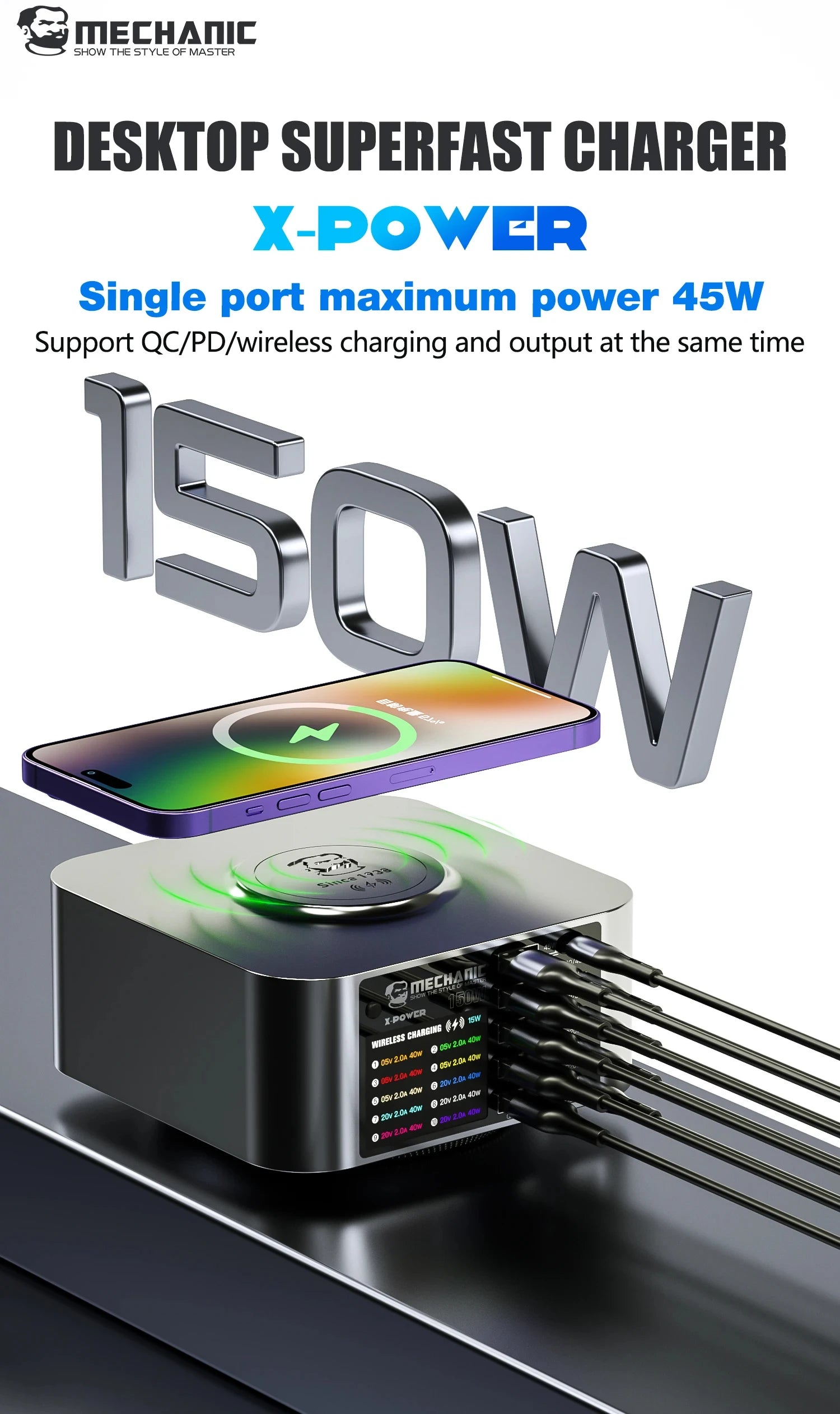 MECHANIC X-Power Max USB Smart Charger 300W 10-Port LED Display Quick Charge QC 3.0 Wireless Charge For Phone Charging Station