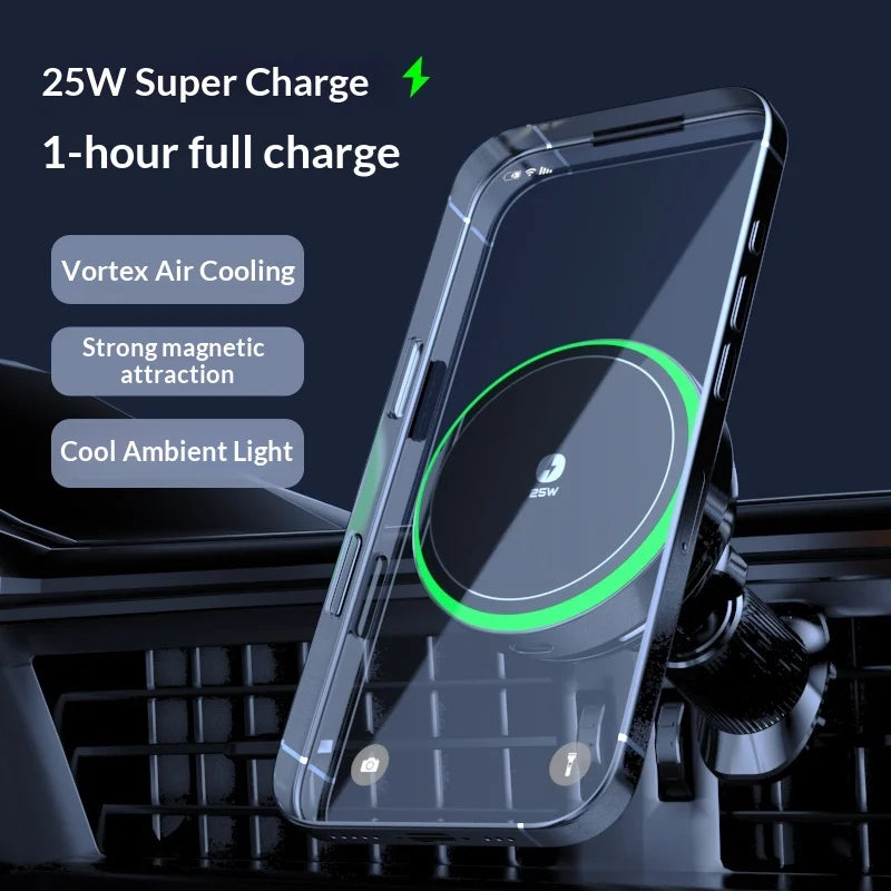 Qi2.2 25W Air-Cooling Car Magnetic Wireless Charger LED Light Phone Stand For Magsafe iPhone 17~12 Pro Max Fast Charging Station