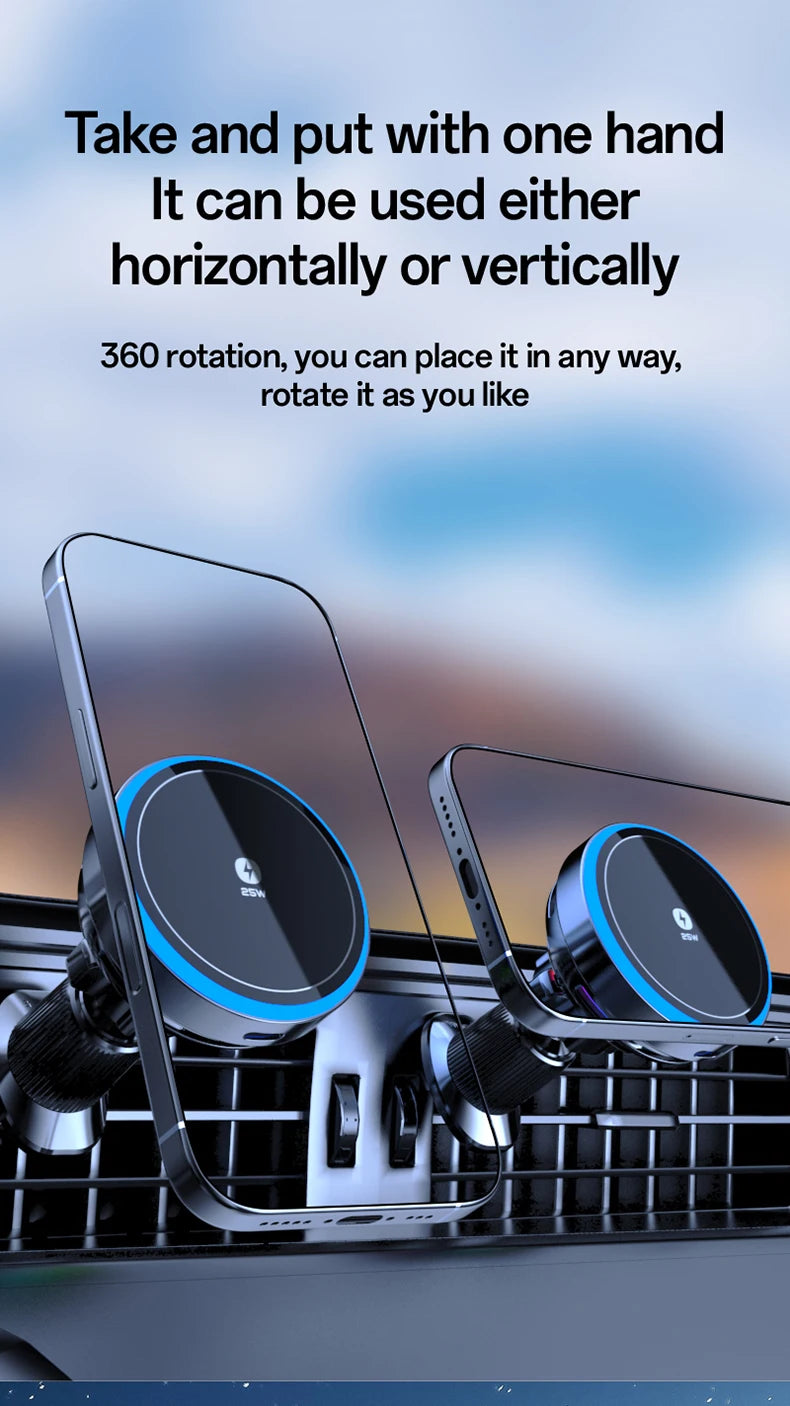 Qi2.2 25W Air-Cooling Car Magnetic Wireless Charger LED Light Phone Stand For Magsafe iPhone 17~12 Pro Max Fast Charging Station