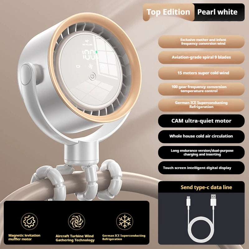 2025new fan ICE super cooling conductor desktop bedside variable frequency shaking head digital display octopus shaking head fan