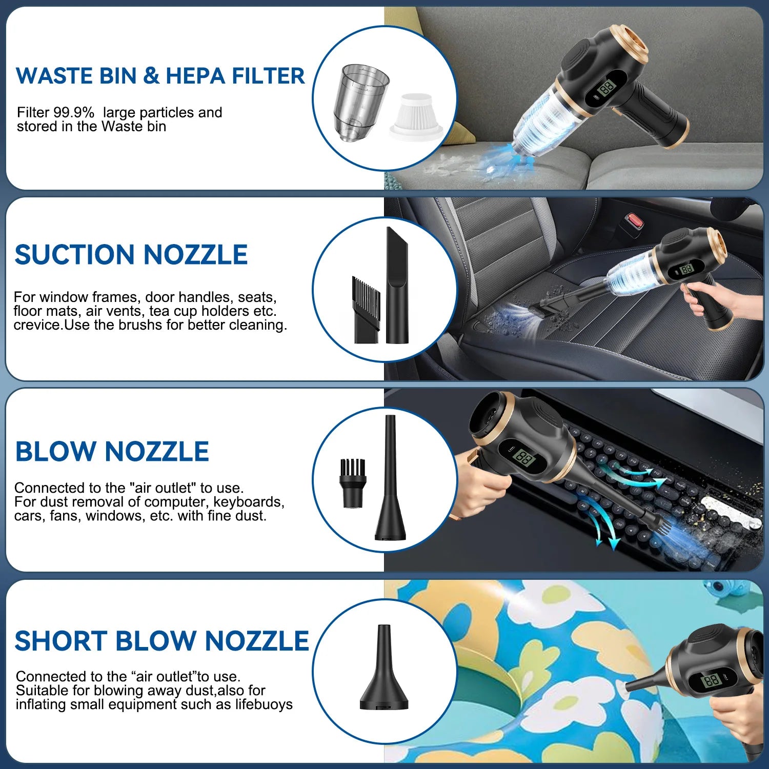 Powerful 2-in-1 Air Duster &amp; Vacuum, Handheld Cordless Cleaner with Digital Display for Electronics Car Home Office