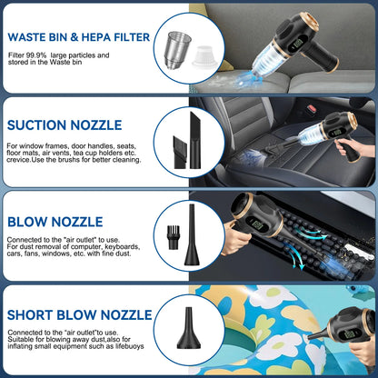 Powerful 2-in-1 Air Duster &amp; Vacuum, Handheld Cordless Cleaner with Digital Display for Electronics Car Home Office