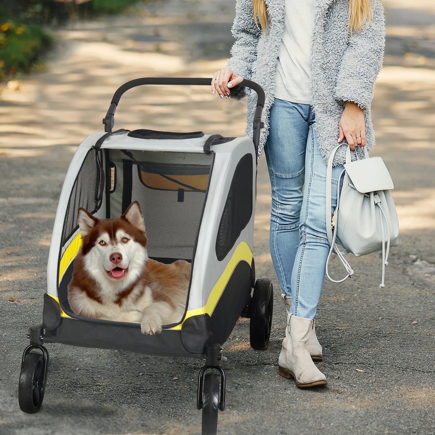 Premium Dog Stroller Pram 4 Wheel Foldable Cart Travel Walk Pet Jogger Wagon for Small Medium Large Dogs