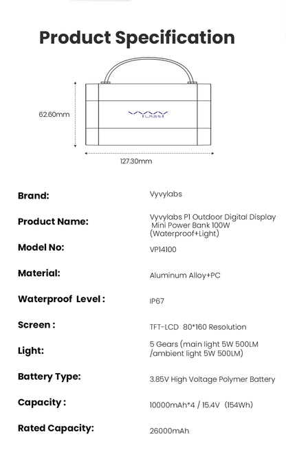 Vyvylabs 40000mAh100W Power Bank Fast Charging Battery High Capacity Waterproof Powerbank Charger  Outdoor Light Powerbank