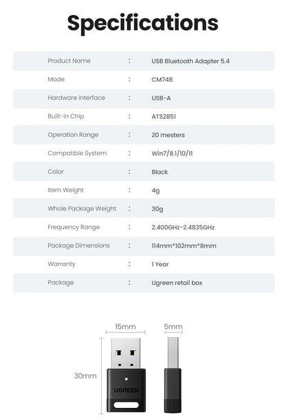 USB Bluetooth Adapter Bluetooth Dongle 5.4 Adapter for PC Bluetooth Receiver &amp; Transmitter for Bluetooth Keyboard/Mouse