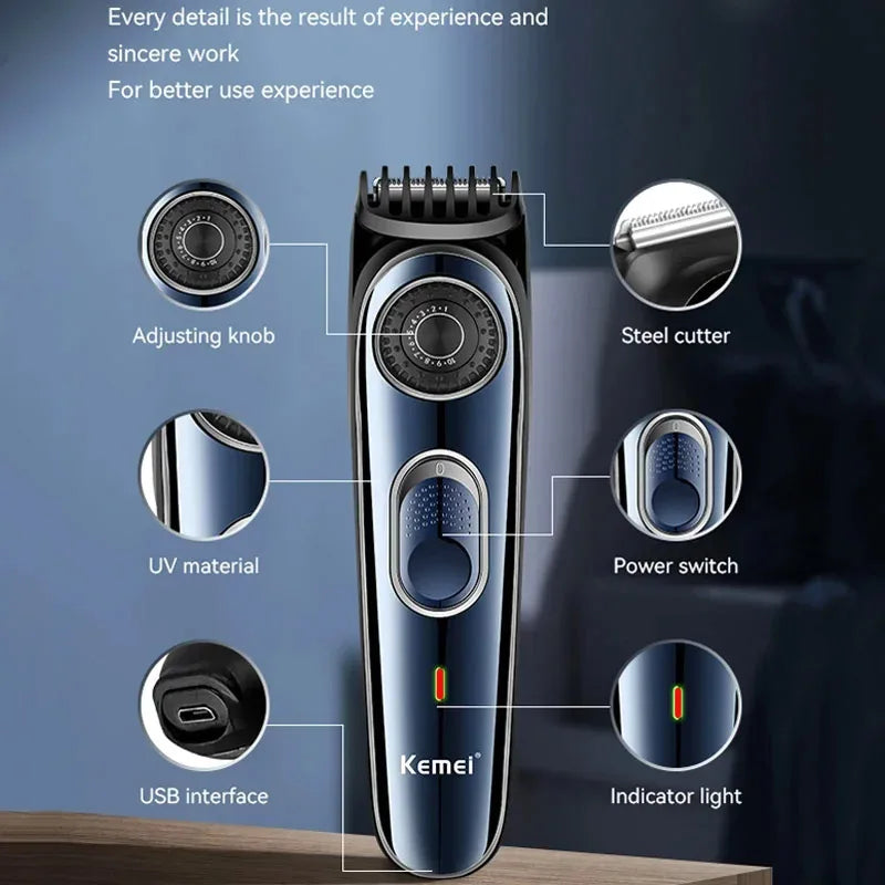 Kemei Cordless Adjustable 1-10mm Hair Trimmer For Men Face Beard Trimmer Rechargeable Edge Hair Clipper Electric Lithium Battery