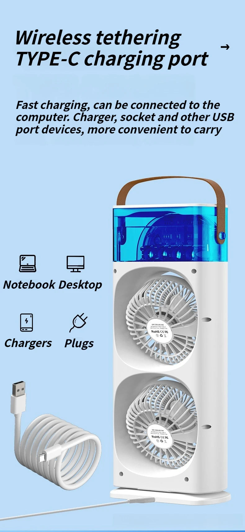 2025 5-Port Mist Fan - Desk Fan with Oscillation, Cooling, Aromatherapy, Colorful LED Lights, and Timer