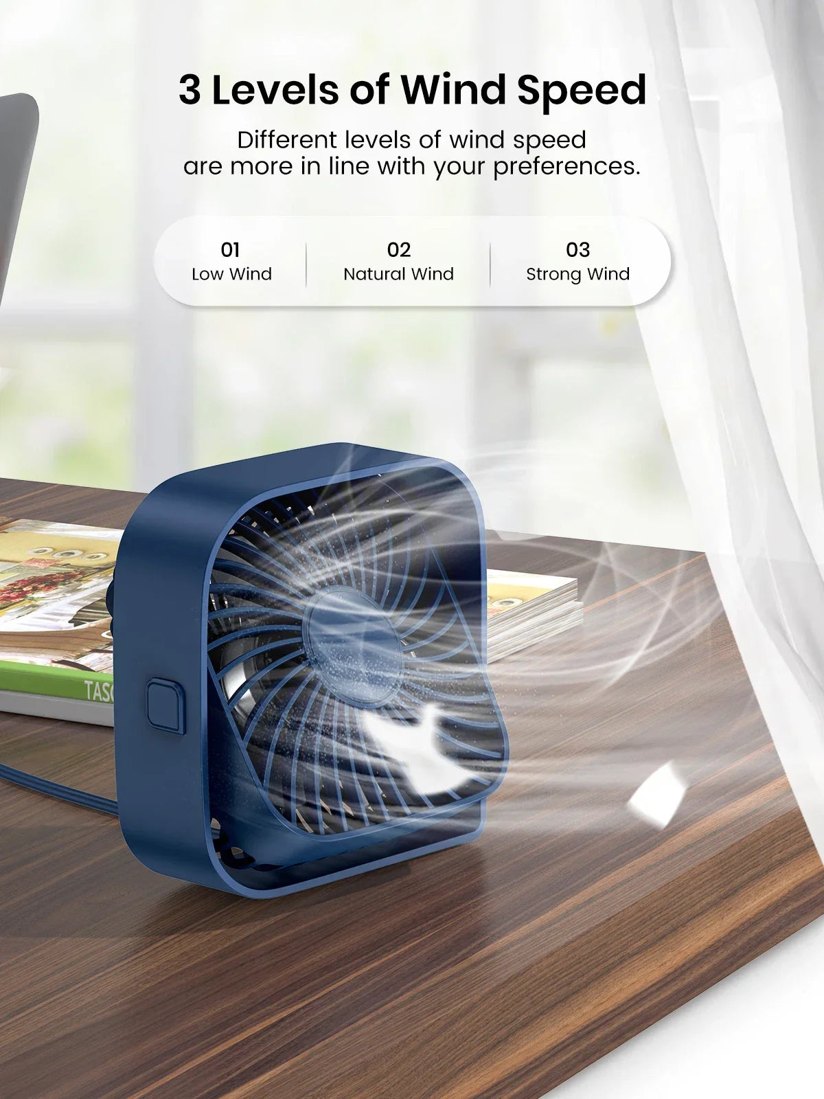 USB Desk Fan Strong Airflow &amp; Quiet Operation 3 Speed Wind Mini Table Fan 360° Rotatable Head for Home Office Bedroom Table