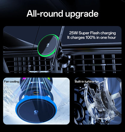 Qi2.2 25W Air-Cooling Car Magnetic Wireless Charger LED Light Phone Stand For Magsafe iPhone 17~12 Pro Max Fast Charging Station