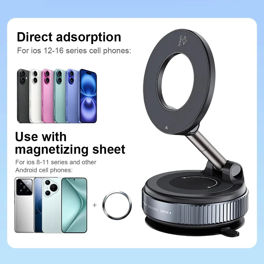 360° foldable vacuum magnetic phone stand, magnetic car phone stand, hands-free suction cup phone stand, smooth surface
