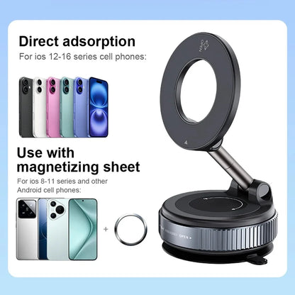 360° foldable vacuum magnetic phone stand, magnetic car phone stand, hands-free suction cup phone stand, smooth surface