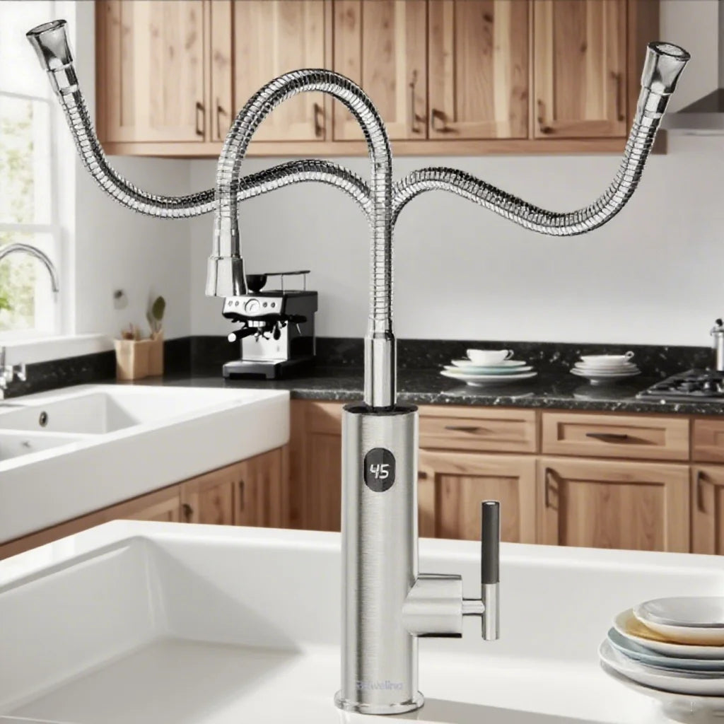 Briwellna Electric Water Heater Flowing Universal Spout Kitchen Faucet 2 in 1 Stainless Steel Electric Faucet 220V Heating Tap
