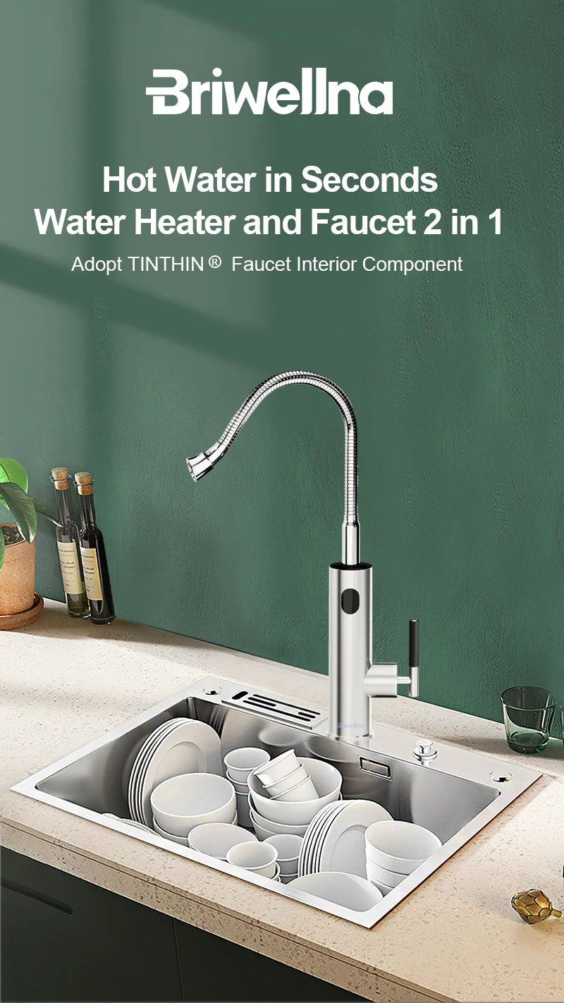 Briwellna Electric Water Heater Flowing Universal Spout Kitchen Faucet 2 in 1 Stainless Steel Electric Faucet 220V Heating Tap