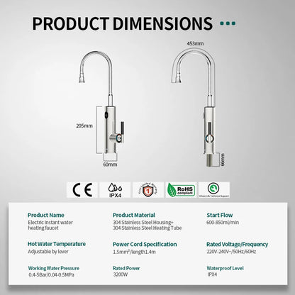 Briwellna Electric Water Heater Flowing Universal Spout Kitchen Faucet 2 in 1 Stainless Steel Electric Faucet 220V Heating Tap