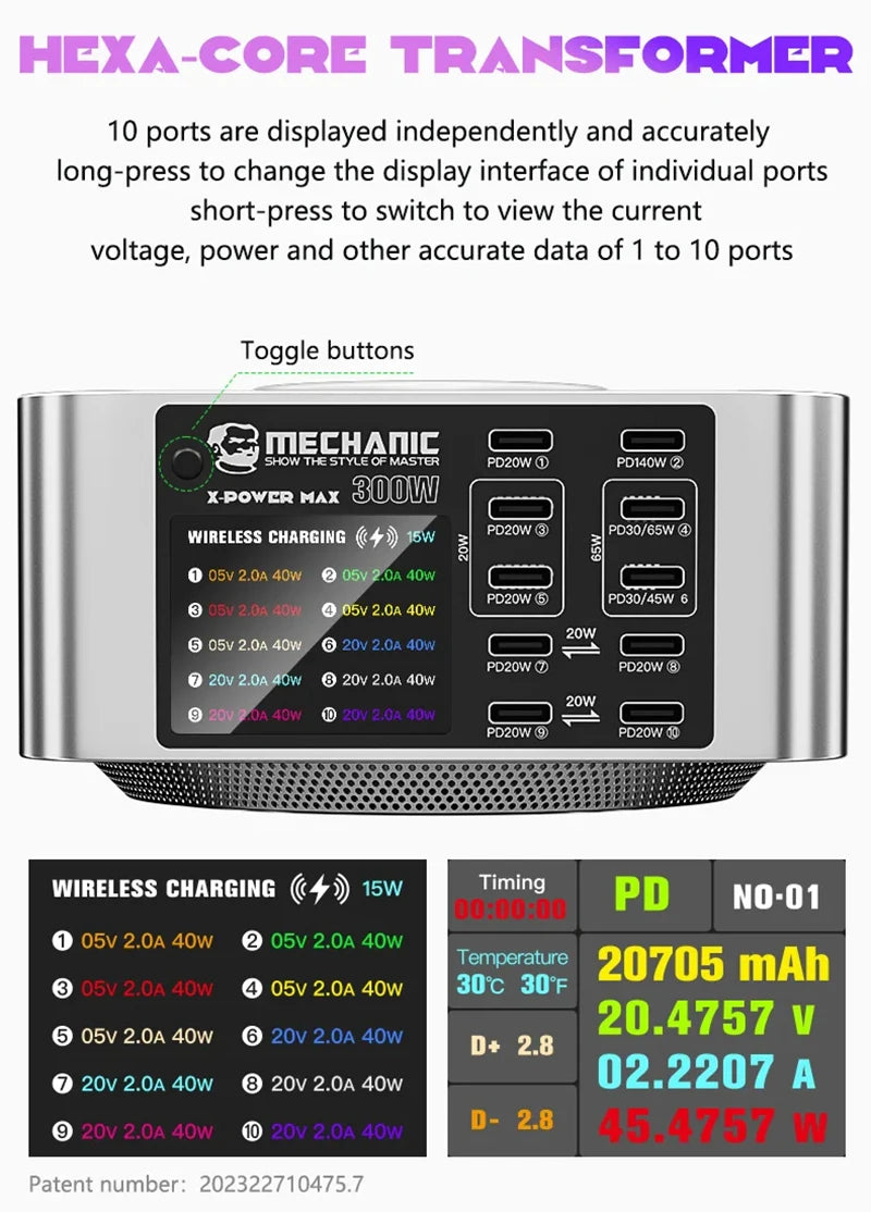 MECHANIC X-Power Max USB Smart Charger 300W 10-Port LED Display Quick Charge QC 3.0 Wireless Charge For Phone Charging Station