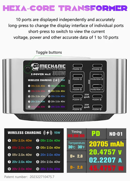 MECHANIC X-Power Max USB Smart Charger 300W 10-Port LED Display Quick Charge QC 3.0 Wireless Charge For Phone Charging Station